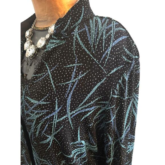 Onyx Nite 2-Piece Jacket & Top Black Blue Turquoise Silver Shimmer Set Sz L EUC - Picture 5 of 9